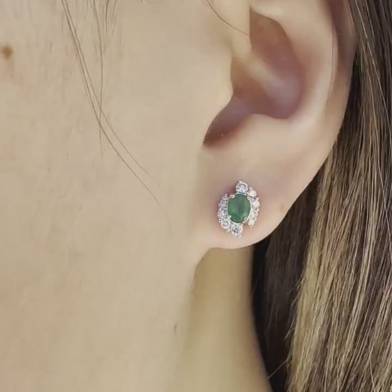 14K Solid White Gold Genuine Emerald and Diamond Swirl Studs/Earring/ Pair
