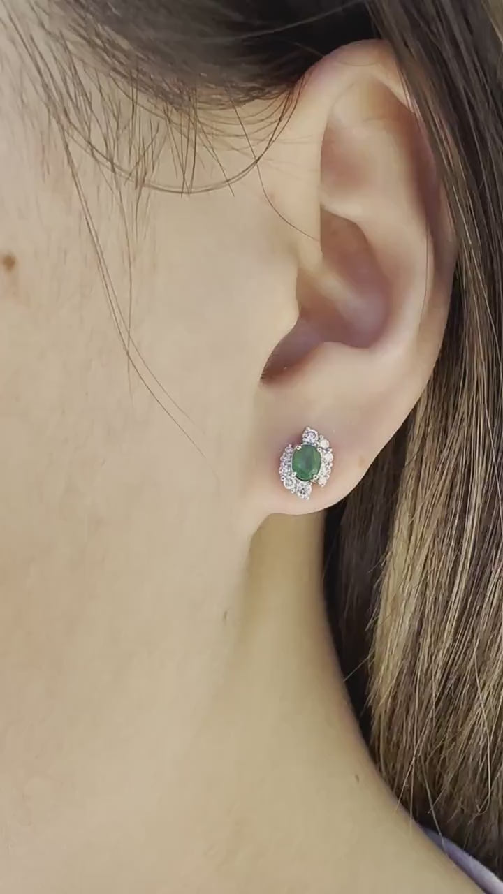 14K Solid White Gold Genuine Emerald and Diamond Swirl Studs/Earring/ Pair