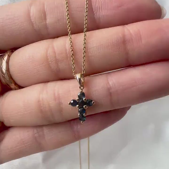14K Solid Gold Genuine Small Sapphire Cross Pendant