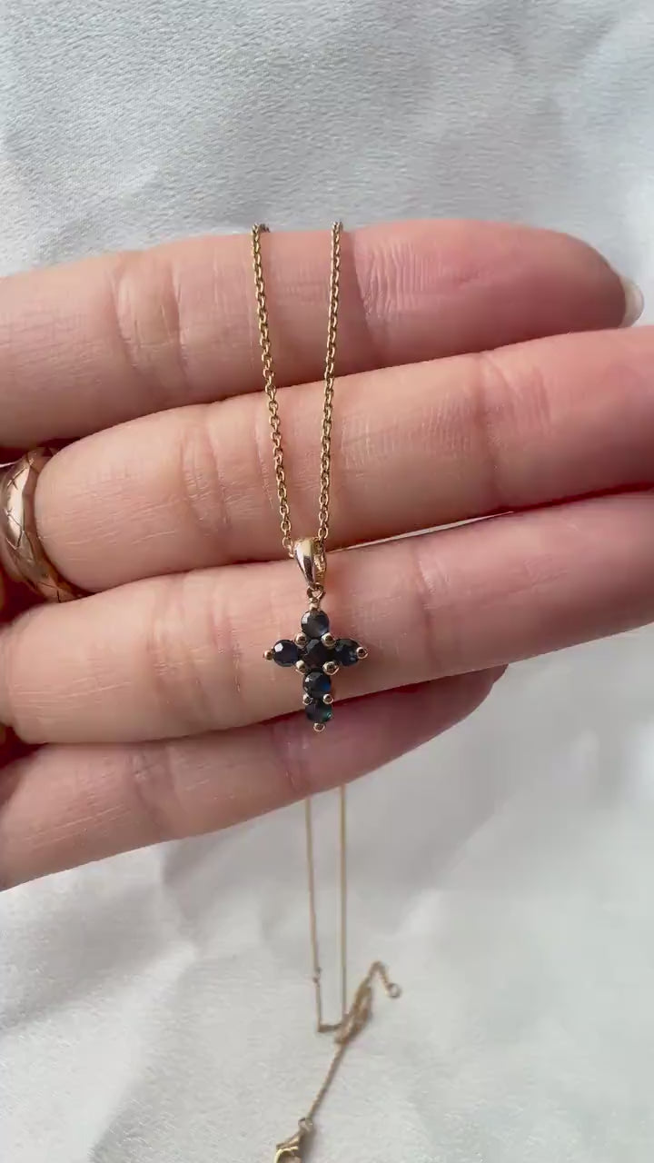 14K Solid Gold Genuine Small Sapphire Cross Pendant