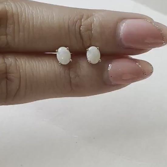 14K Solid Gold Genuine Opal Oval Studs/Pair