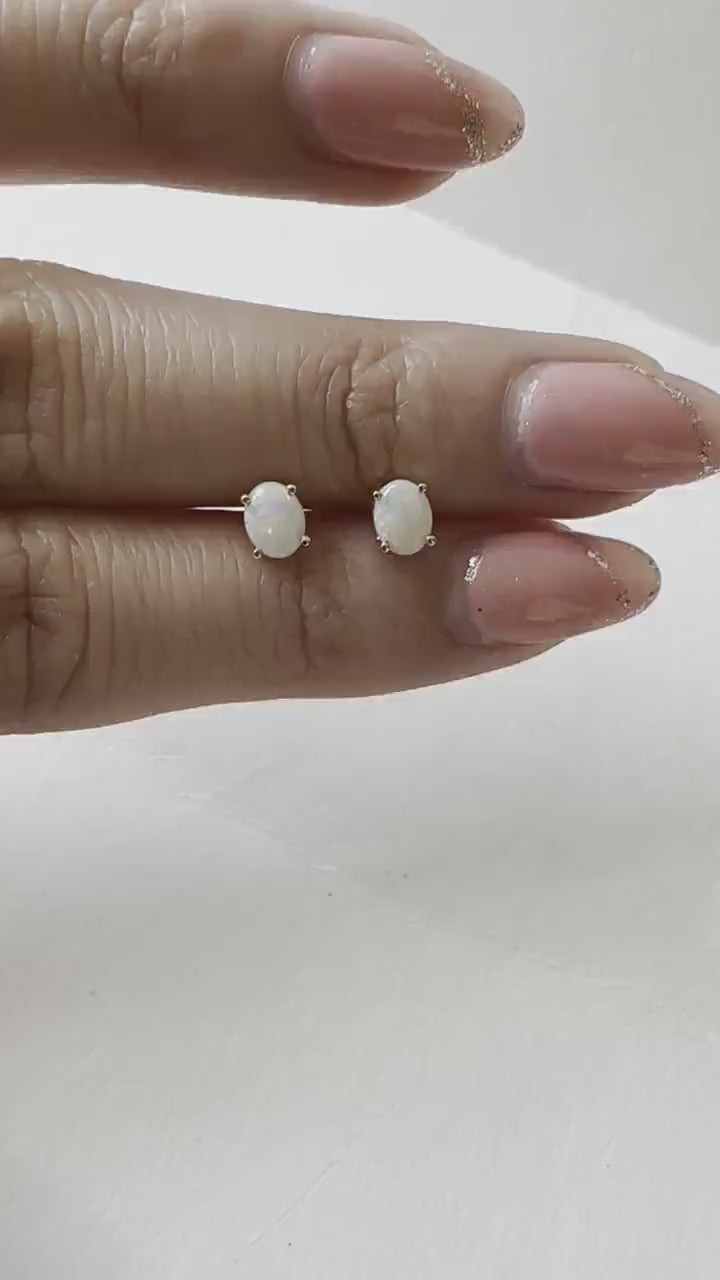 14K Solid Gold Genuine Opal Oval Studs/Pair