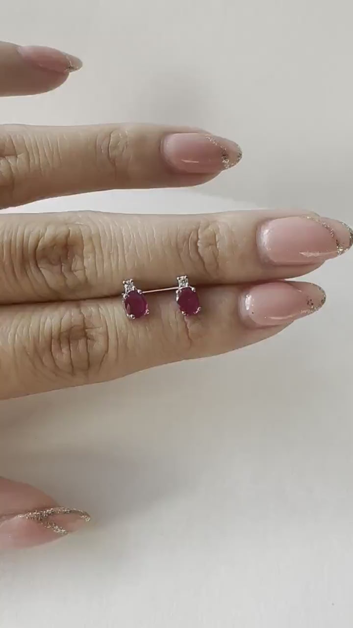 14K Solid Gold Genuine Ruby and Diamond Studs/Pair