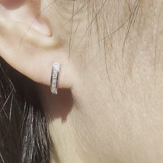 14K Solid White Gold Diamond Hoop Stud Earrings | Natural Diamond Half Hoop Earrings | Dainty Everyday Diamond Earrings | Gift for Her