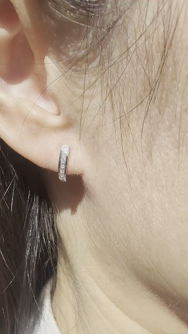 14K Solid White Gold Diamond Hoop Stud Earrings | Natural Diamond Half Hoop Earrings | Dainty Everyday Diamond Earrings | Gift for Her