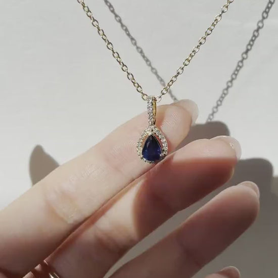 14K Solid Gold Teardrop Genuine Sapphire and Diamond Pendant (pendant only)