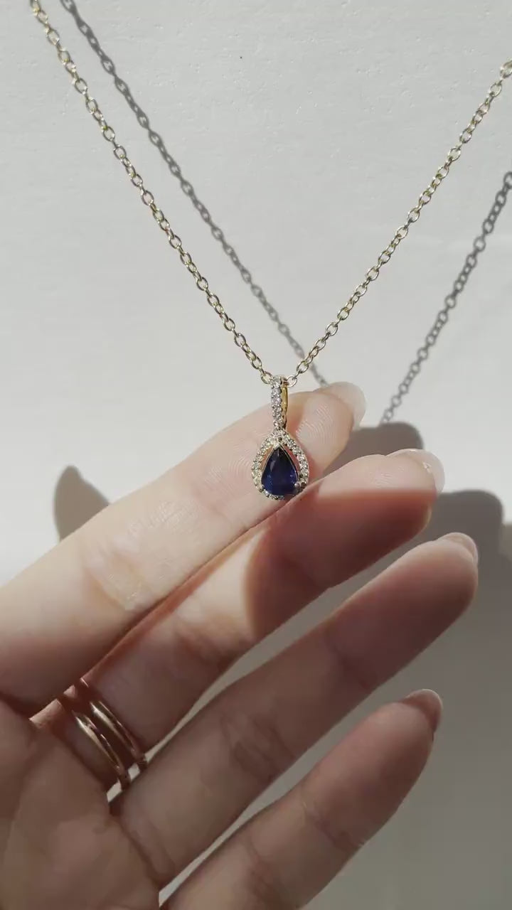 14K Solid Gold Teardrop Genuine Sapphire and Diamond Pendant (pendant only)