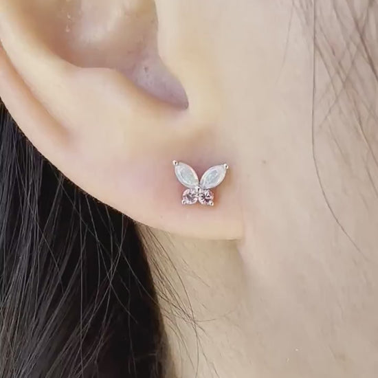 14K Solid Gold Genuine Opal and Pink Sapphire Butterfly Studs/Pair