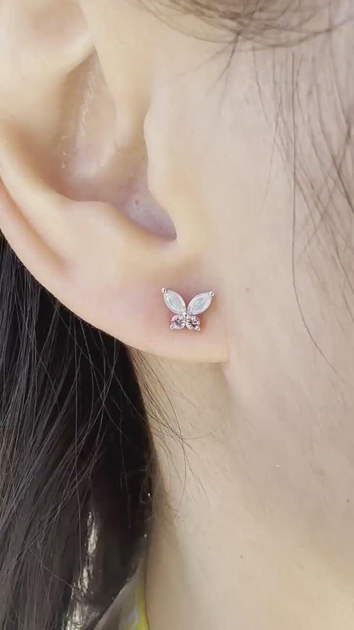 14K Solid Gold Genuine Opal and Pink Sapphire Butterfly Studs/Pair