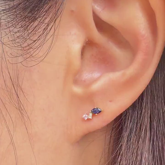 14K Solid Gold Natural Sapphire Stud Earrings, Diamond & Pink Sapphire Earrings, Marquise Sapphire Studs, September Birthstone Gift for Her