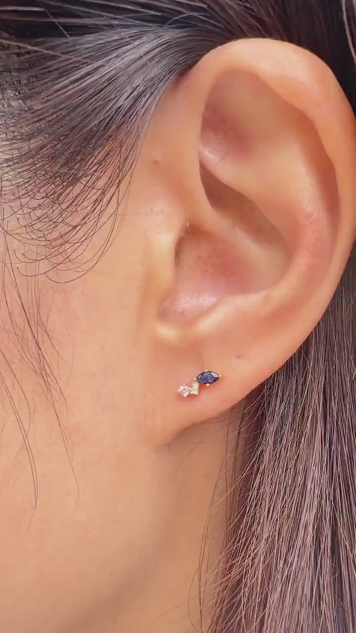14K Solid Gold Natural Sapphire Stud Earrings, Diamond & Pink Sapphire Earrings, Marquise Sapphire Studs, September Birthstone Gift for Her