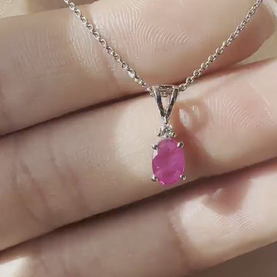 Natural Ruby Diamond Pendant Necklace | 14K White Gold Ruby Necklace | July Birthstone Necklace | Oval Ruby Pendant Gift for Her
