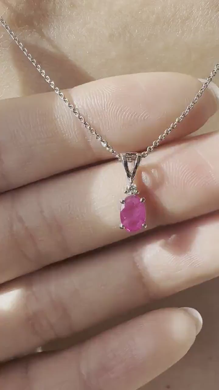Natural Ruby Diamond Pendant Necklace | 14K White Gold Ruby Necklace | July Birthstone Necklace | Oval Ruby Pendant Gift for Her
