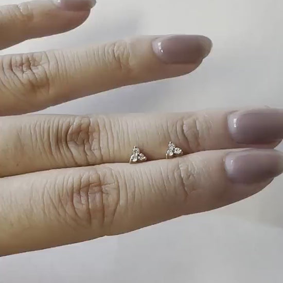 Natural Diamond Trio Stud Earrings, 14K Solid Gold, Genuine Diamond Cluster Studs, April Birthstone Everyday Gift