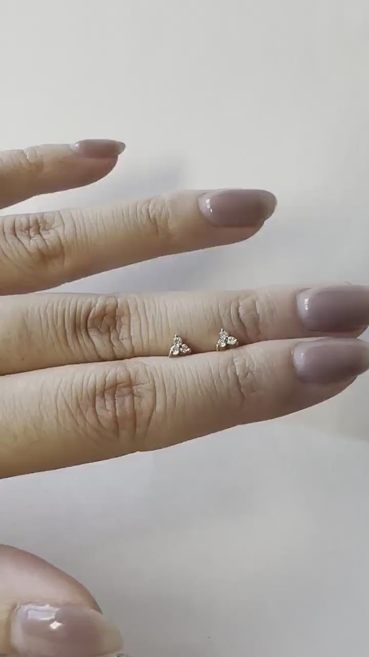 Natural Diamond Trio Stud Earrings, 14K Solid Gold, Genuine Diamond Cluster Studs, April Birthstone Everyday Gift
