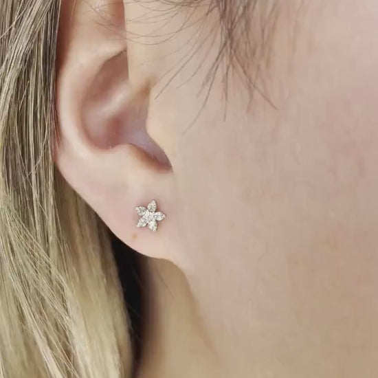 Green Sapphire Flower Studs, 14K Solid Gold Diamond Center Earrings, White or Yellow Gold, August Birthstone Gift for Her