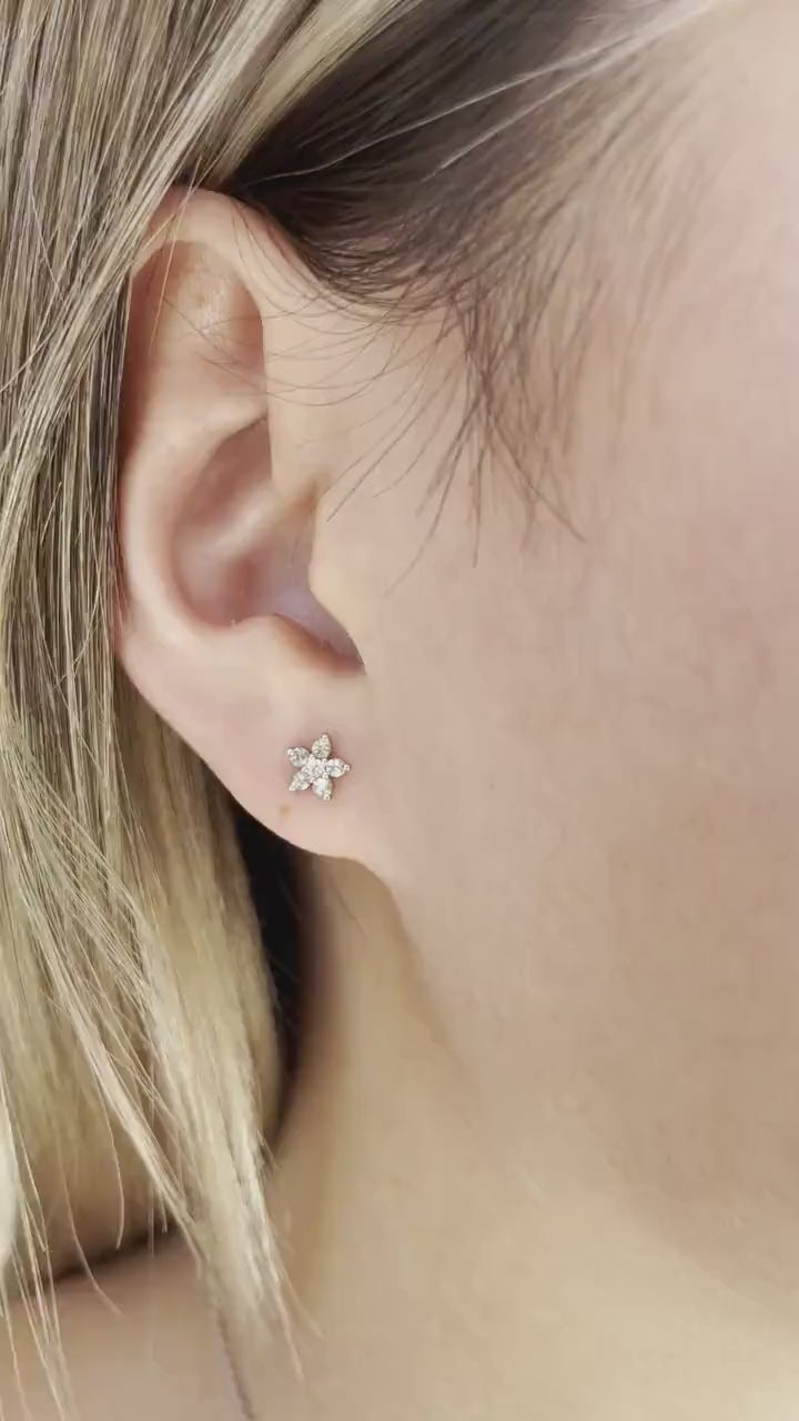 Green Sapphire Flower Studs, 14K Solid Gold Diamond Center Earrings, White or Yellow Gold, August Birthstone Gift for Her
