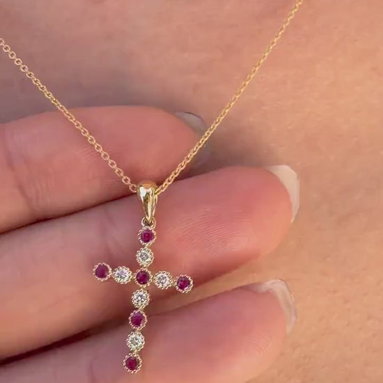14K Solid Gold Natural Ruby Diamond Cross Necklace, Genuine Ruby Cross, July Birthstone Gift