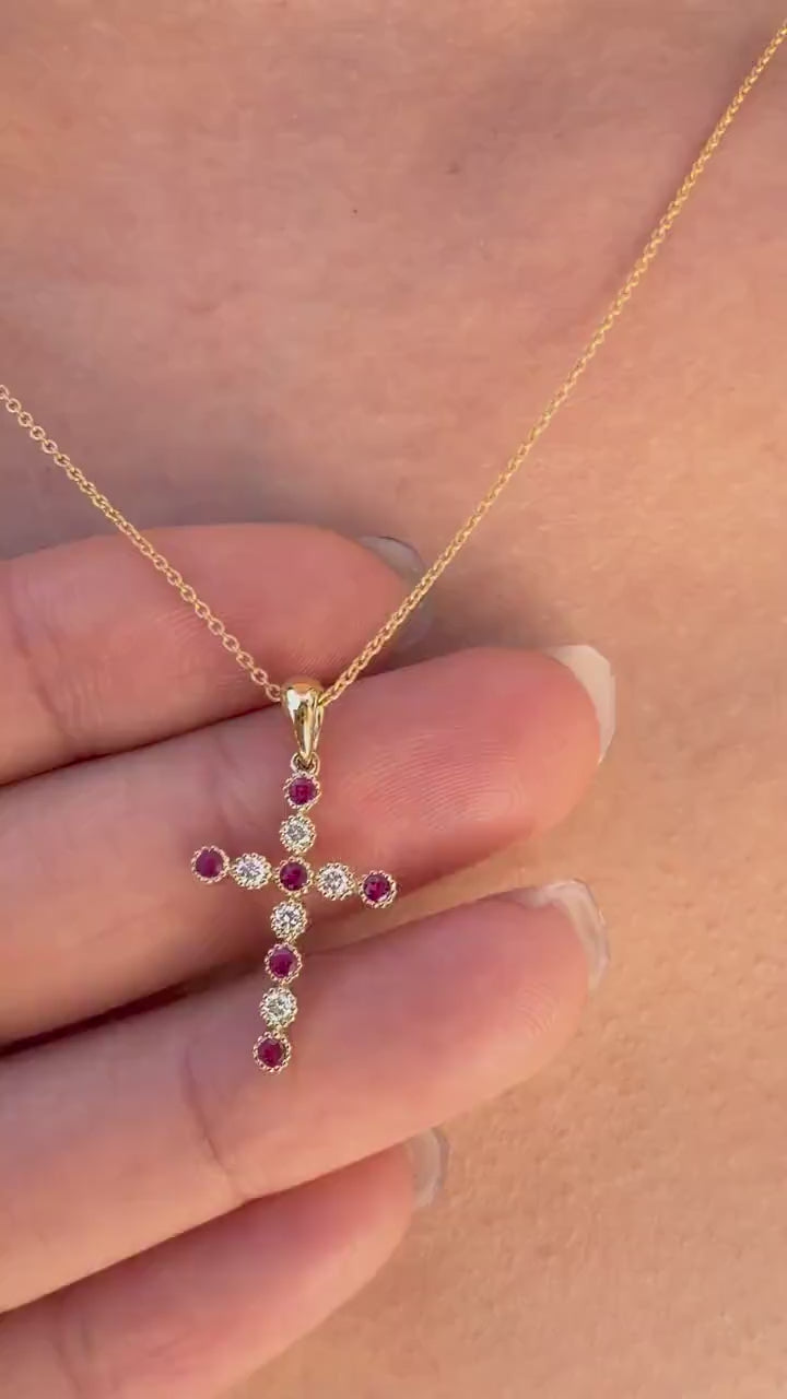14K Solid Gold Natural Ruby Diamond Cross Necklace, Genuine Ruby Cross, July Birthstone Gift