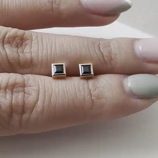 14K Solid Gold Genuine Sapphire Square Bezel Studs/Pair