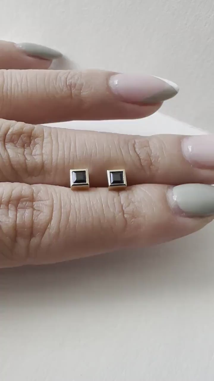 14K Solid Gold Genuine Sapphire Square Bezel Studs/Pair