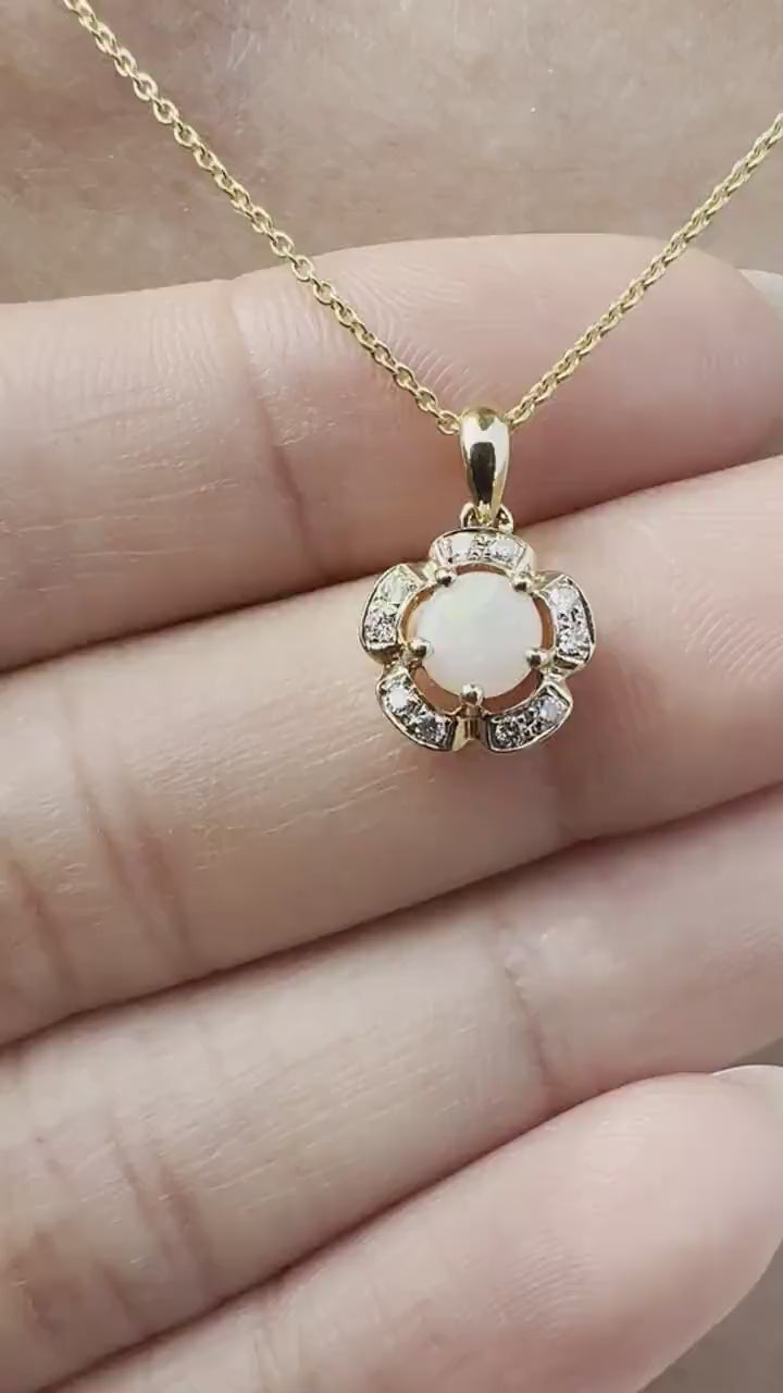 14K Solid Gold Genuine Diamond and Opal Flower Pendant