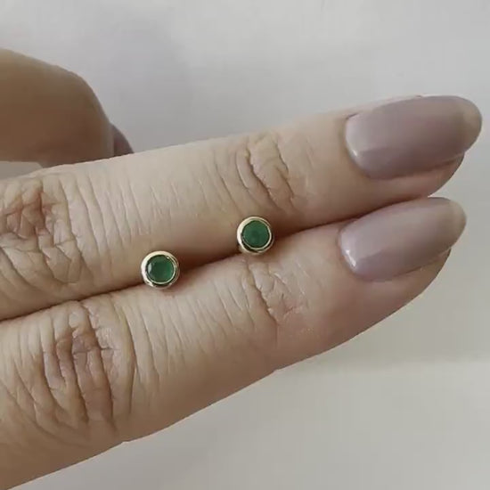14K Solid Gold Genuine Round Emerald Bezel Studs/Pair