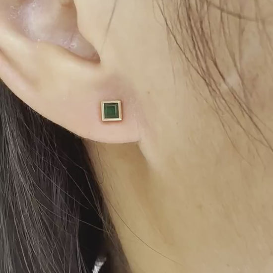 14K Solid Gold Genuine Square Emerald Bezel Studs/Pair