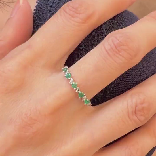 Natural Emerald Diamond Half Eternity Ring, 18K White Gold, Genuine Zambian Emerald Band, May Birthstone Gift
