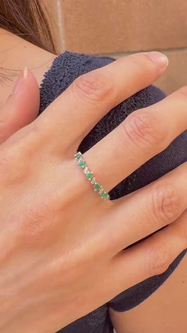 Natural Emerald Diamond Half Eternity Ring, 18K White Gold, Genuine Zambian Emerald Band, May Birthstone Gift