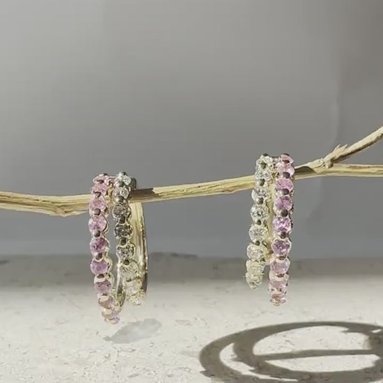 14K Solid Yellow Gold Genuine Pink Sapphire and Diamond Double Hoops/Pair