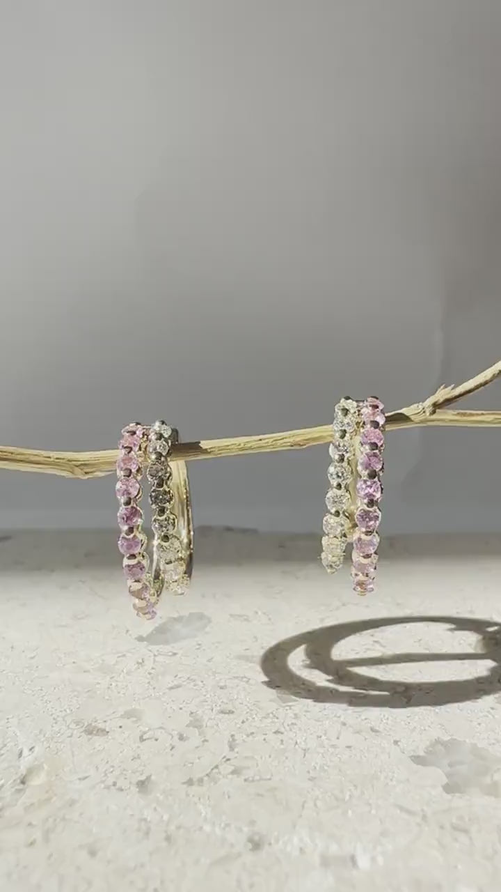 14K Solid Yellow Gold Genuine Pink Sapphire and Diamond Double Hoops/Pair