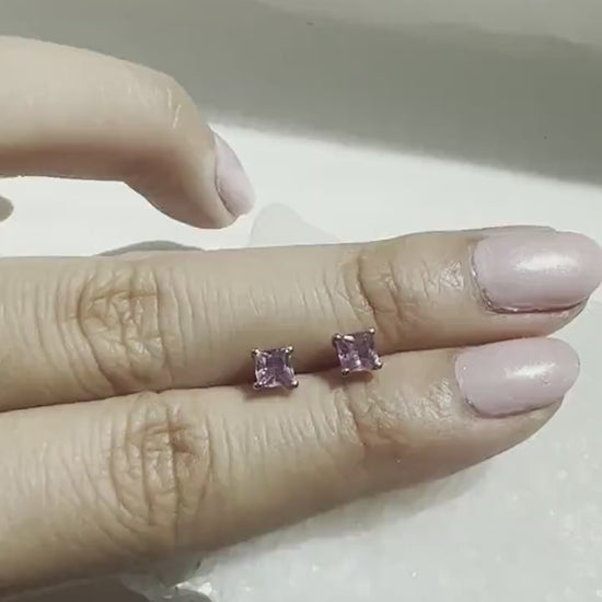 14K Solid Gold 0.71 Carat Pink Sapphire Stud Earrings | Genuine Pink Sapphire Earrings | Princess Cut Studs | September Birthstone
