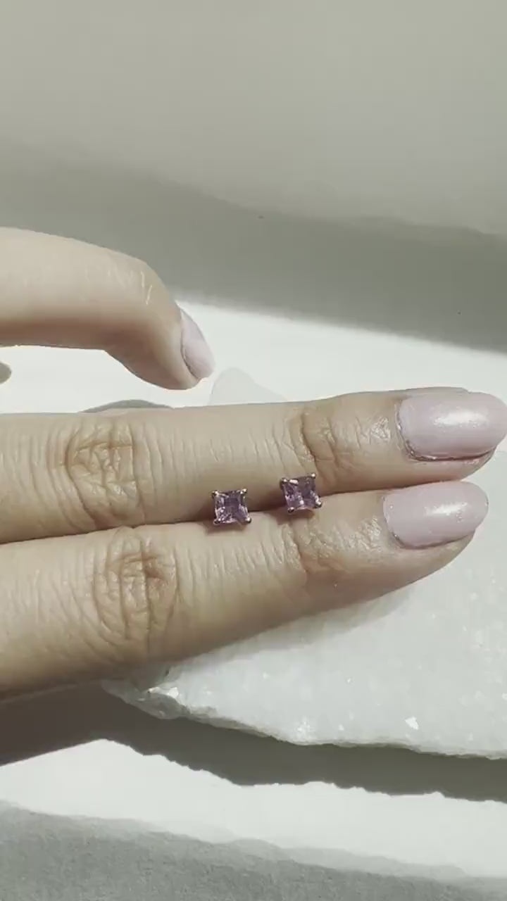 14K Solid Gold 0.71 Carat Pink Sapphire Stud Earrings | Genuine Pink Sapphire Earrings | Princess Cut Studs | September Birthstone