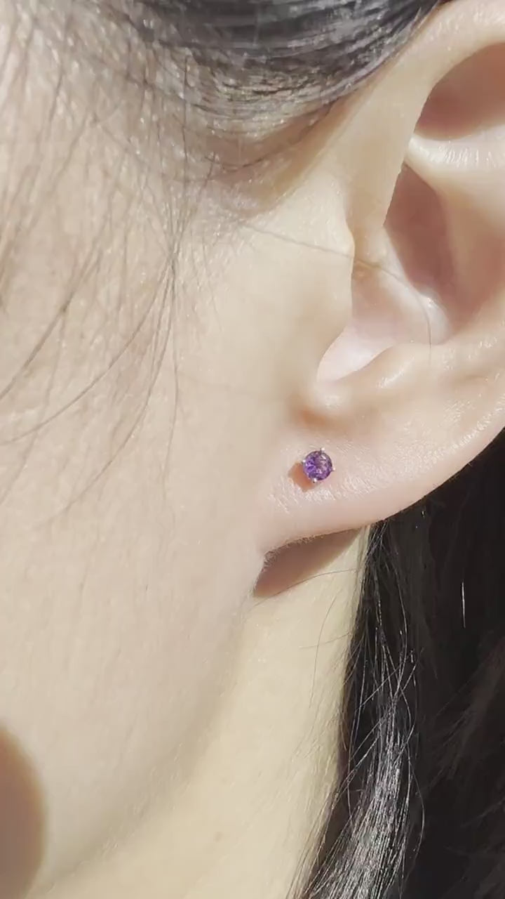 14K Solid Gold Genuine Amethyst 3mm Studs/Pair