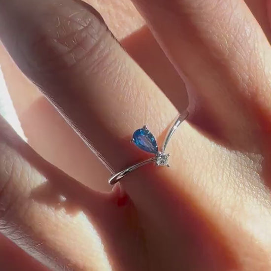 18K Solid White Gold Genuine Sapphire and Diamond Teardrop Ring