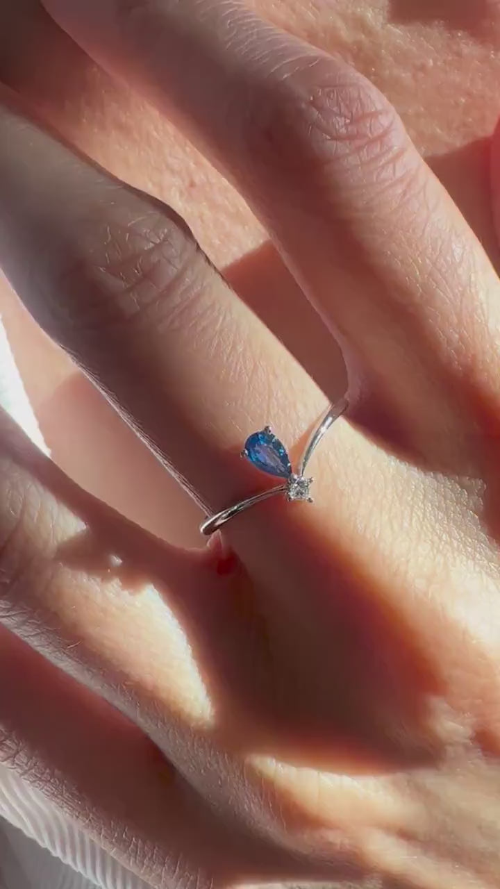 18K Solid White Gold Genuine Sapphire and Diamond Teardrop Ring