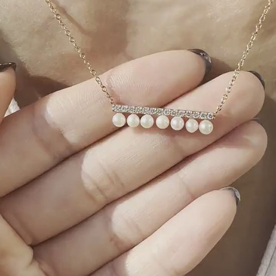 18K Rose Gold Akoya Pearl Necklace | Diamond Pearl Bar Necklace | Natural Diamond Jewelry | Gift for Her