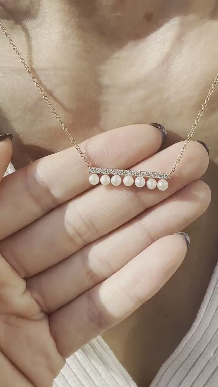 18K Rose Gold Akoya Pearl Necklace | Diamond Pearl Bar Necklace | Natural Diamond Jewelry | Gift for Her
