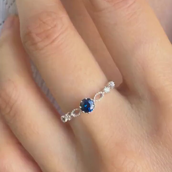 Sapphire Diamond Ring, 18K Solid White Gold Beaded Ring, Genuine Blue Sapphire Engagement Ring, September Birthstone Gift