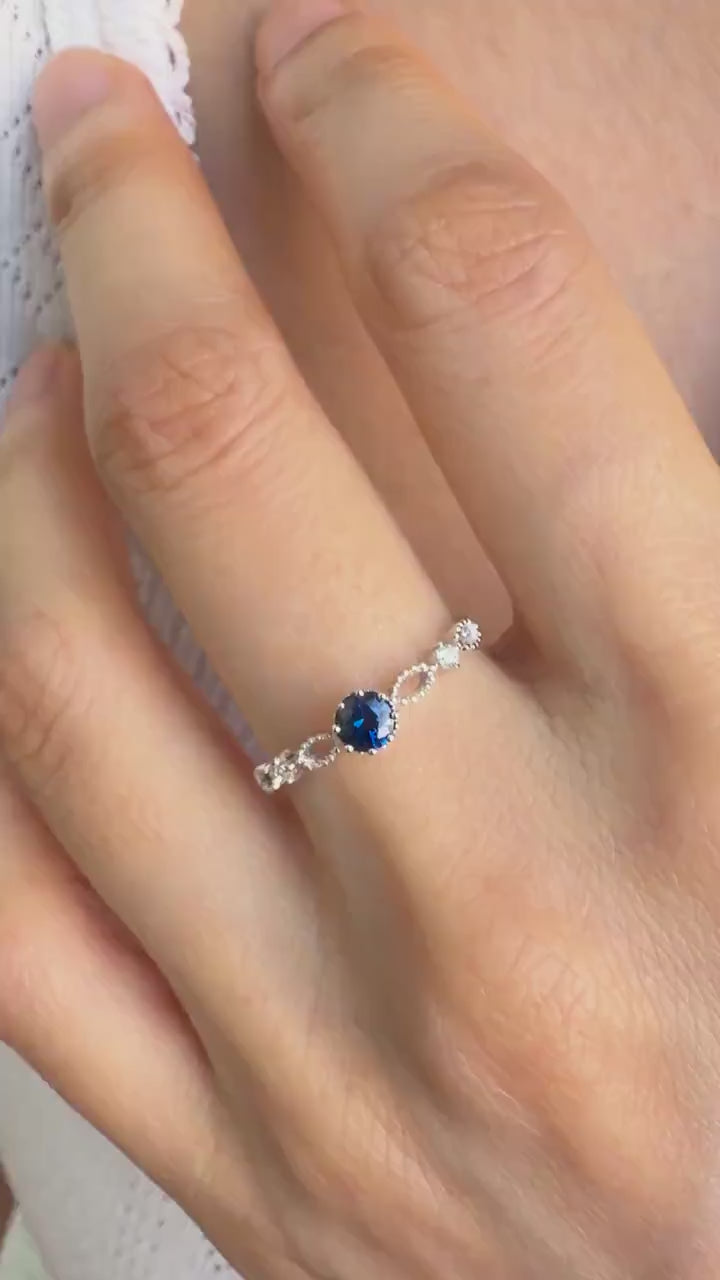 Sapphire Diamond Ring, 18K Solid White Gold Beaded Ring, Genuine Blue Sapphire Engagement Ring, September Birthstone Gift