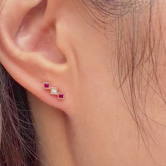 18K Rose Gold Natural Ruby Diamond Stud Earrings | Princess Cut Ruby Earrings | July Birthstone Earrings | Ruby Bar Studs
