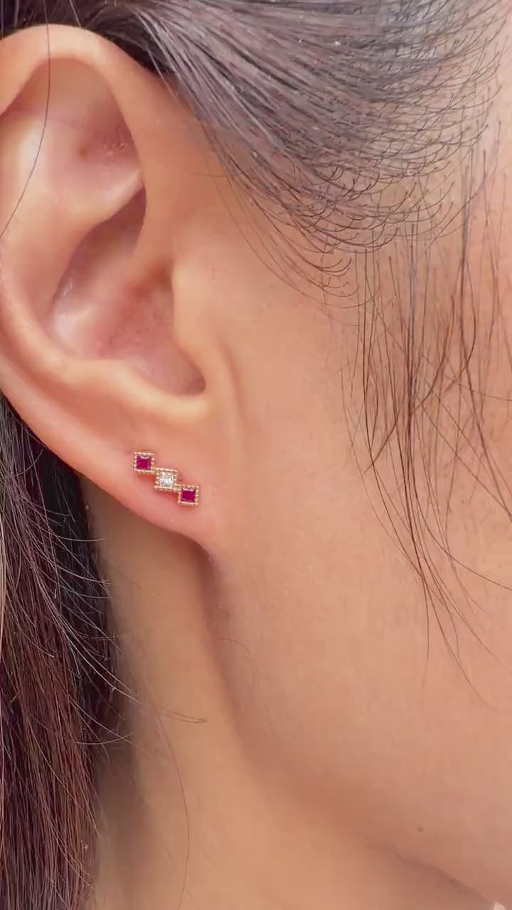 18K Rose Gold Natural Ruby Diamond Stud Earrings | Princess Cut Ruby Earrings | July Birthstone Earrings | Ruby Bar Studs