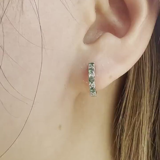 14K Solid Gold Genuine Emerald and Diamond Hoops