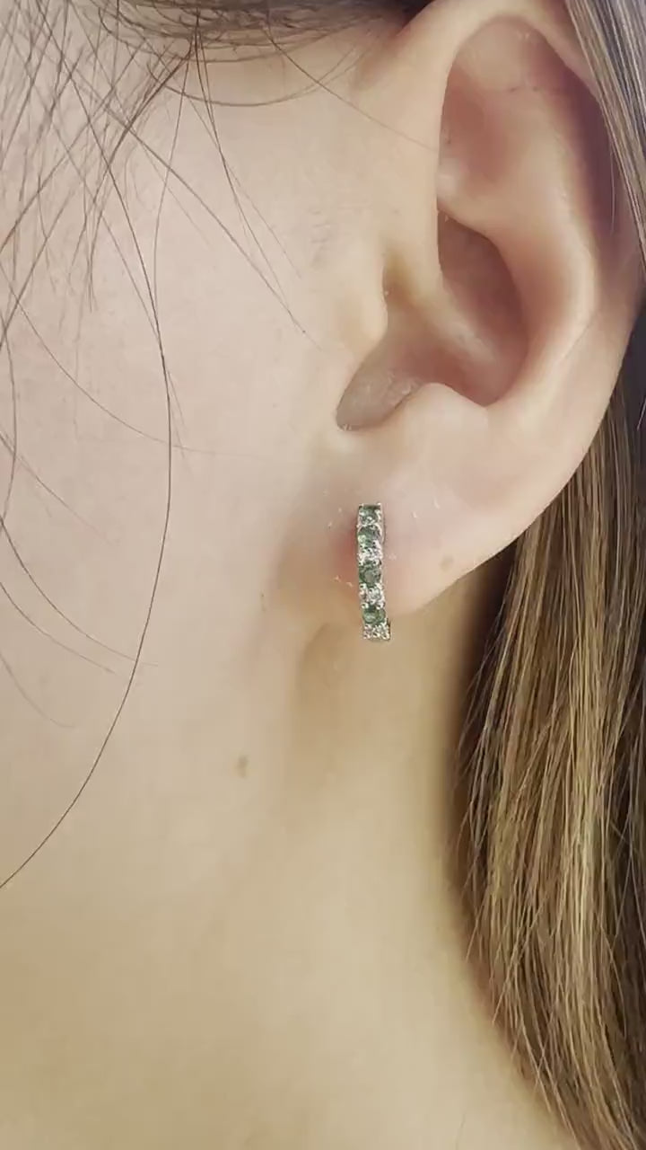 14K Solid Gold Genuine Emerald and Diamond Hoops