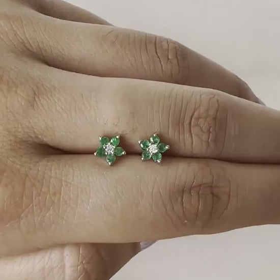 14K Solid Gold Genuine Emerald and Diamond Flower Studs