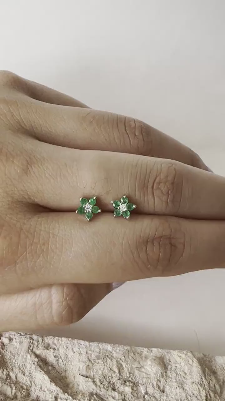 14K Solid Gold Genuine Emerald and Diamond Flower Studs