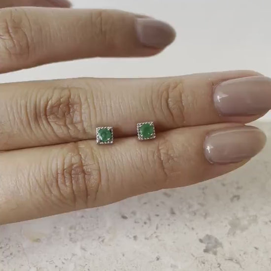 14K Solid Gold Natural Zambian Emerald Stud Earrings, Genuine Emerald Square Beaded Studs, May Birthstone Gift