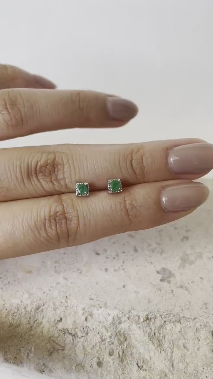 14K Solid Gold Natural Zambian Emerald Stud Earrings, Genuine Emerald Square Beaded Studs, May Birthstone Gift