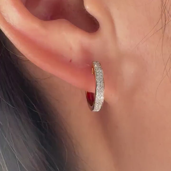 14K Solid Gold Genuine Diamond Pave Hoops/Huggies/Pair